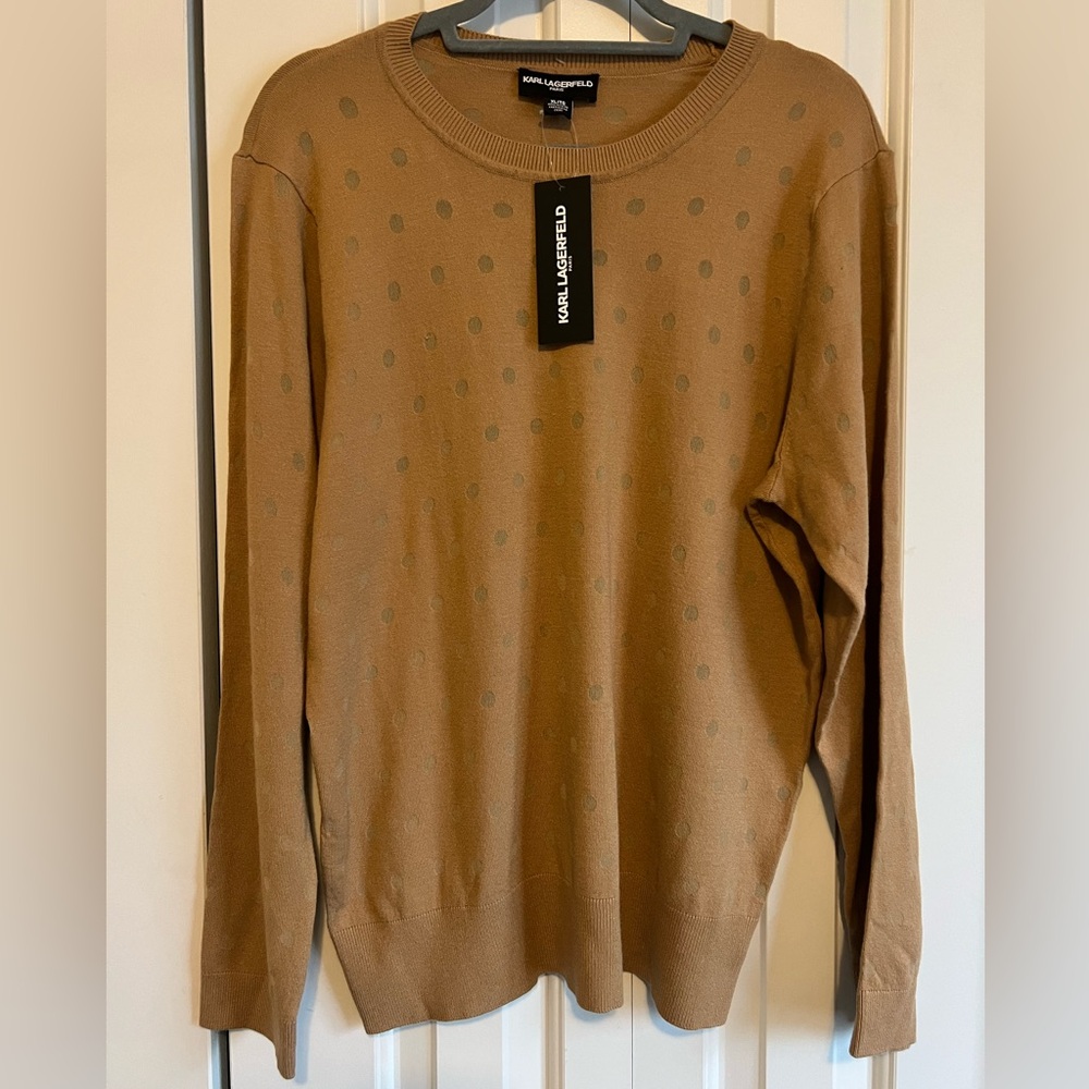 Karl Lagerfeld Tan Crewneck Sweater with Subtle Olive Dots